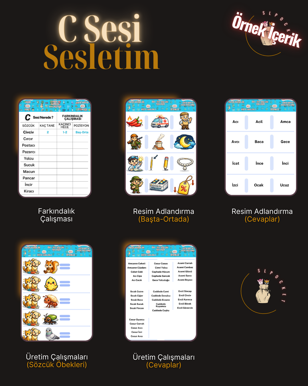 C sesi sözcük çalışmaları örnek sayfası